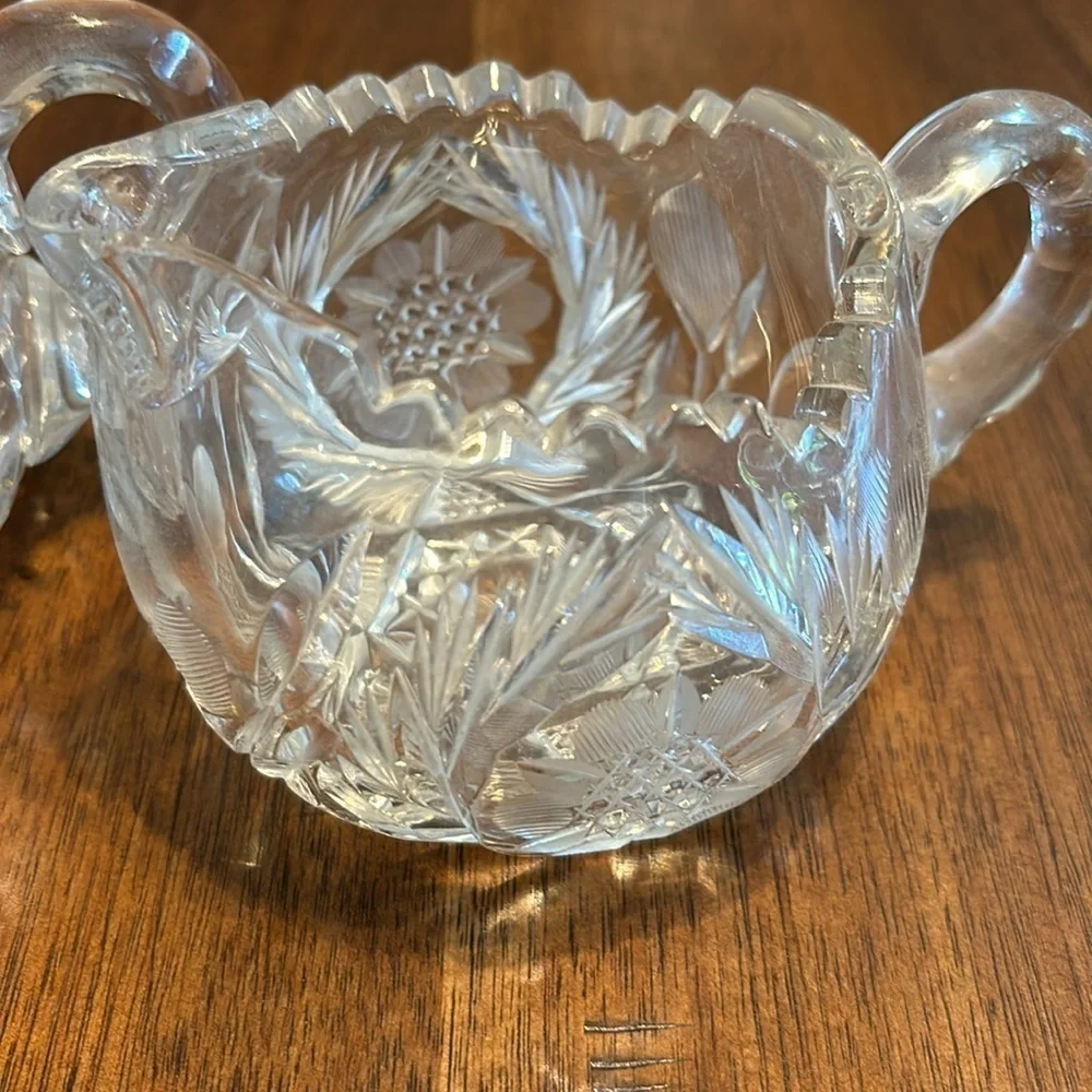 Antique Creamer & Sugar Bowl‎ AB Brilliant Heavy Cut Crystal Saw Tooth Hobstar